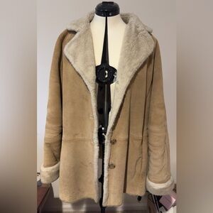 Vintage London Fog Tan Leather Coat w/ Faux Fur Lining XL